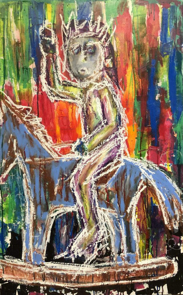 A warrior sits atop his rocking horse. Neo expressionist in style