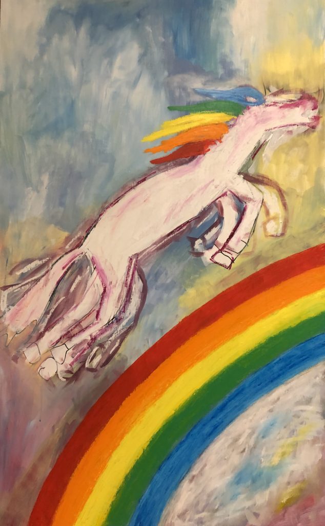 Starlight the horse from Rainbow brite cartoon. Sketchily executed in places and more deliberate in others. Neo expressionist in style.