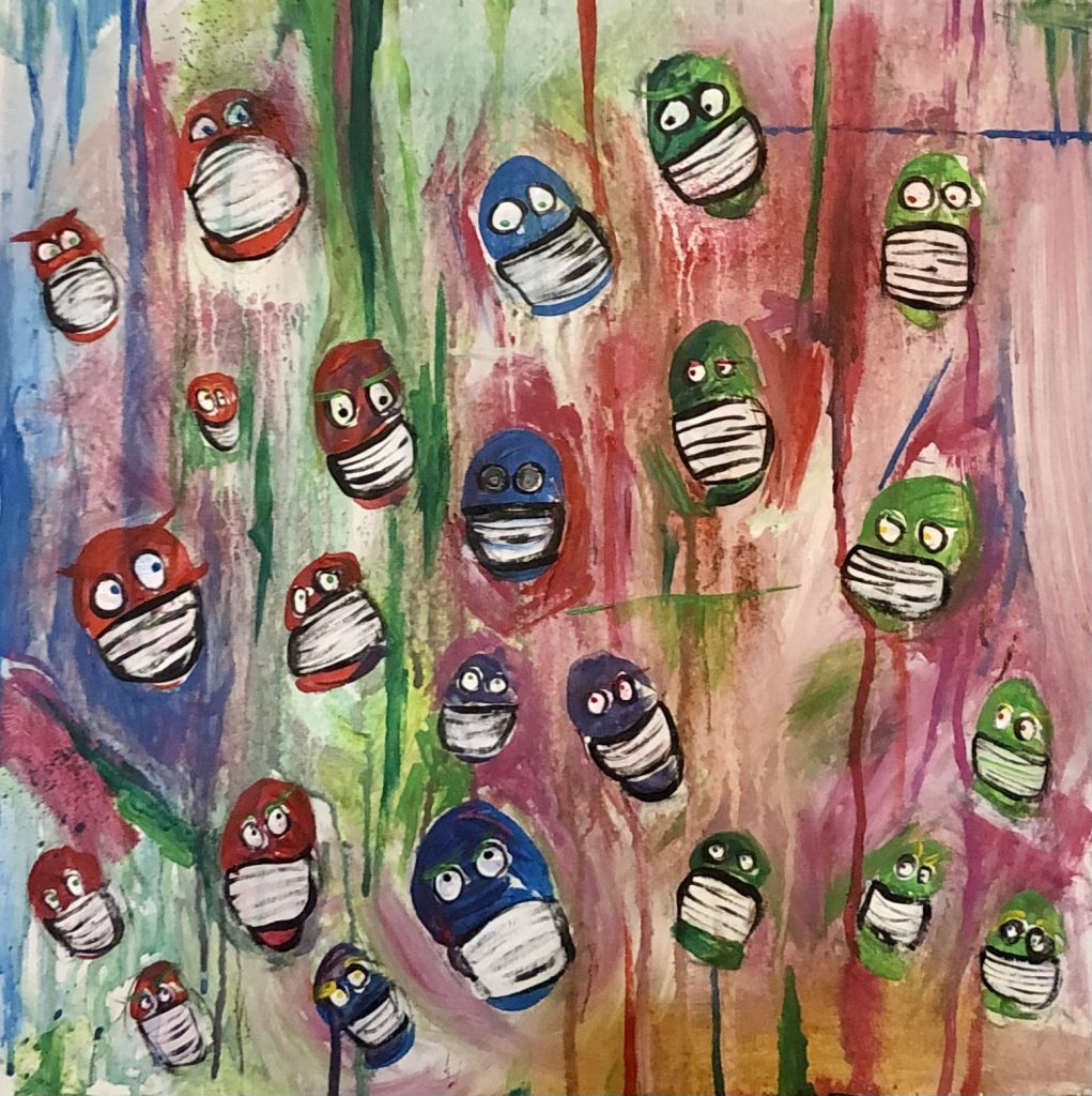 Lots of masked characters. UK neo-expressionist artist