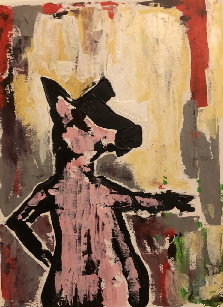 Standing pig with one trotter on his hip, the other reaching out