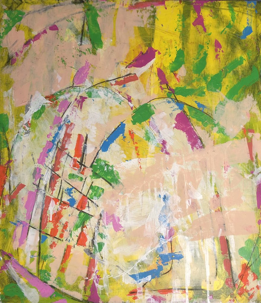 Abstract piece with lots of colour, executed in acrylic and charcoal.