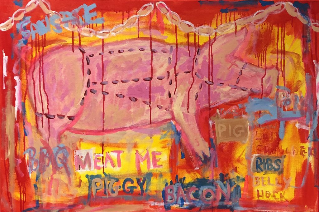 Pink pig, marked up ready to be jointed.