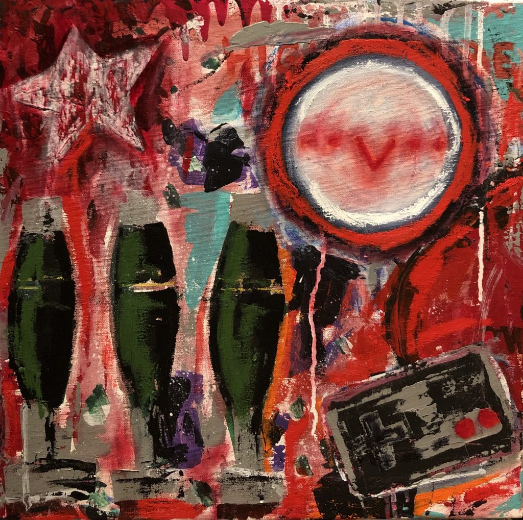 Painting from War Game series. Featuring 3 mortar shells, and a NES controller