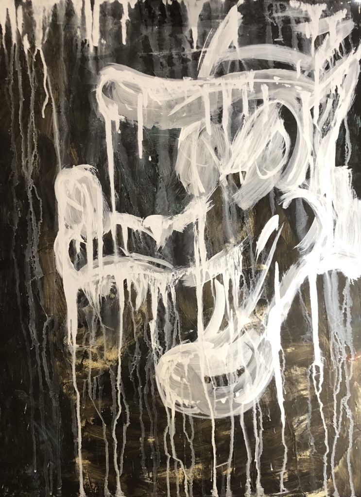 Big Bad Wolf painted in acrylics in an expressive manner, in white on black