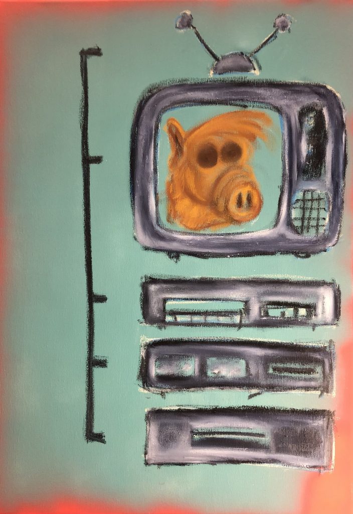 ALF character on a deconstructed 1980s style TV and VHS setup. Potentially evoking nostalgia