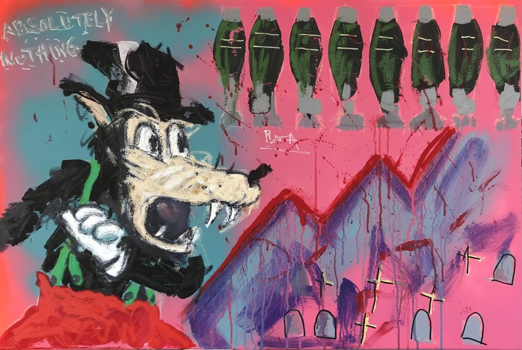 Big bad wolf looks on with mortar shells lined up, below are gravestones and red splashes of paint