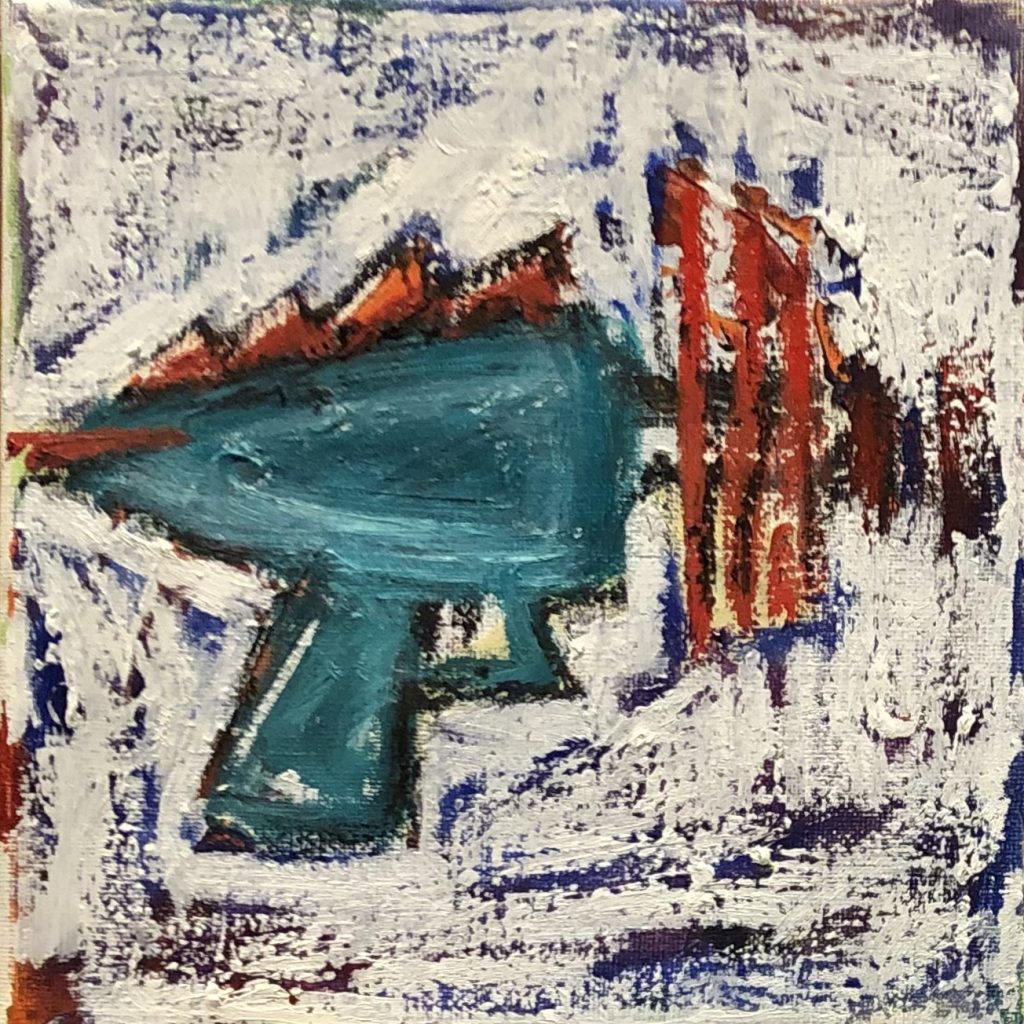 An expressive and crude oil stick painting of a retro sci-fi ray gun