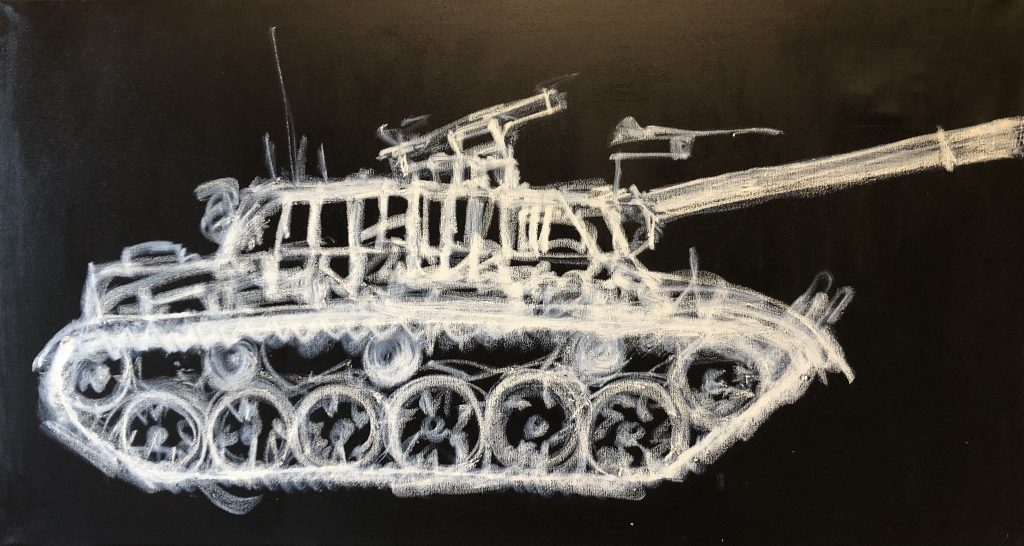 Tank in oil stick on black acrylic background. Expressionism