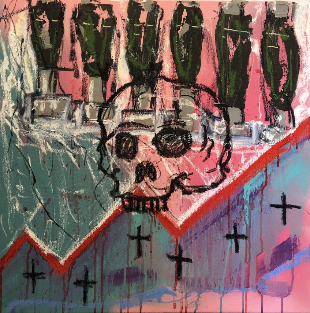 Neo expressionist in style. A skull with mortars and crucifixes.