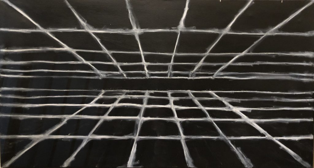 White oil stick on black acrylic. A grid showing perspective, messily executed with smudges.