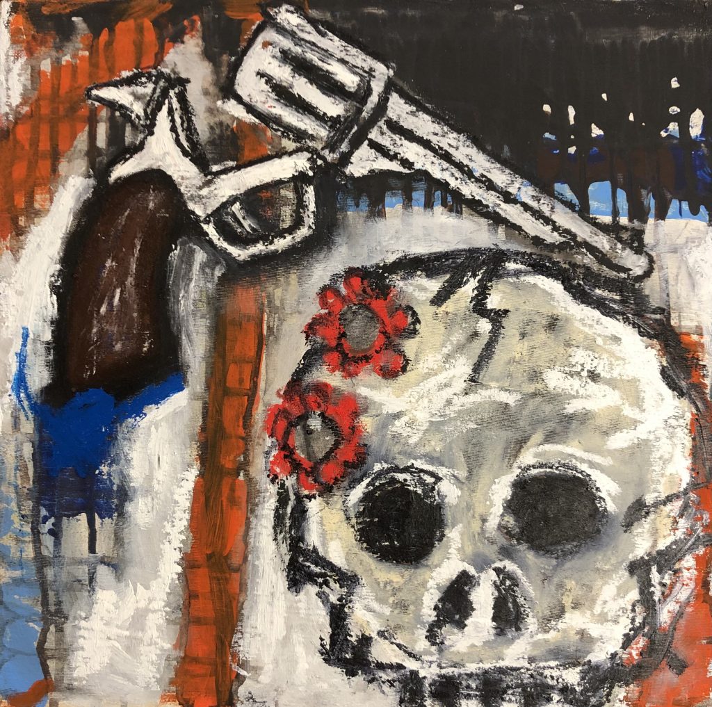 A cap gun (revolver) sits in the foreground with two rounds of caps, with a scull slightly behind. Neo expressionist in style.
