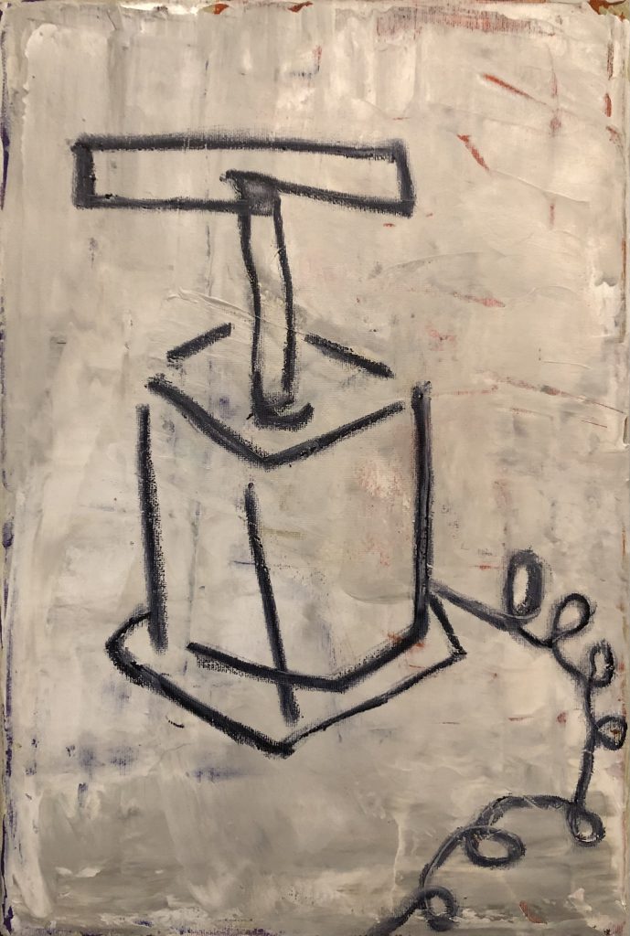 A blasting machine executed in black oil stick on a pale acrylic background in a neo expressionist style.
