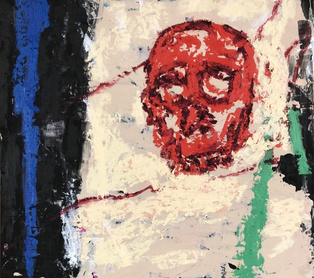 A red scull executed in oil and acrylic. Echoes of neo expressionism