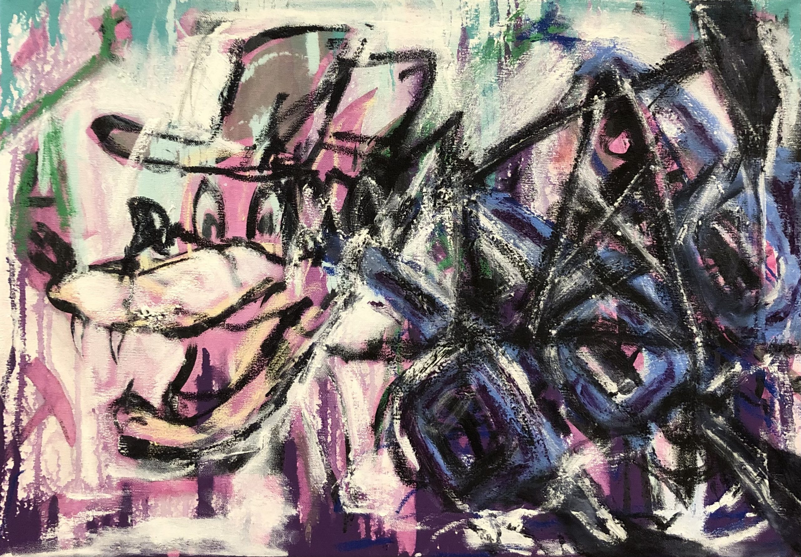 Big bad wolf crudely executed in oil stick, with acrylic. A nodding donkey and multiple petrol pump nozzles, jostle in the chaos that is this artwork. Abstract expressionism