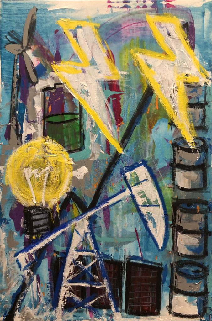 Power - lightening bolts, light bulb, battery, oil drums, and a nodding donkey sit in a chaotic painting using acrylic and oil stick