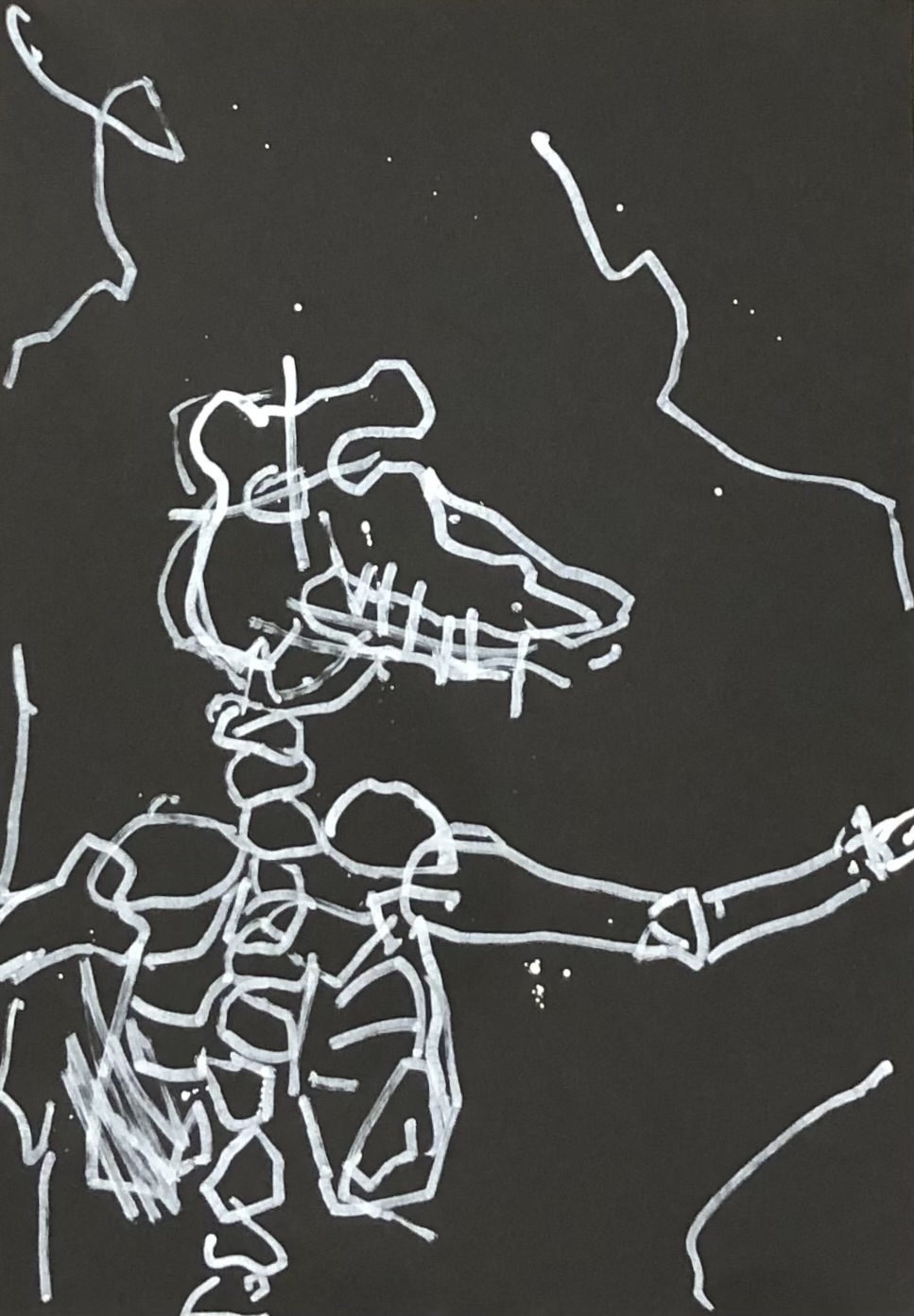 Crudely drawn pig skeleton white acrylic on black paper, neo expressionism
