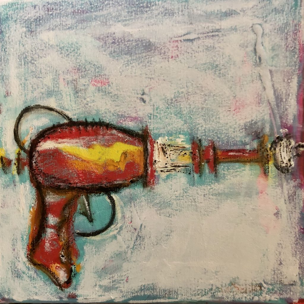 An expressive and crude oil stick painting of a retro sci-fi ray gun