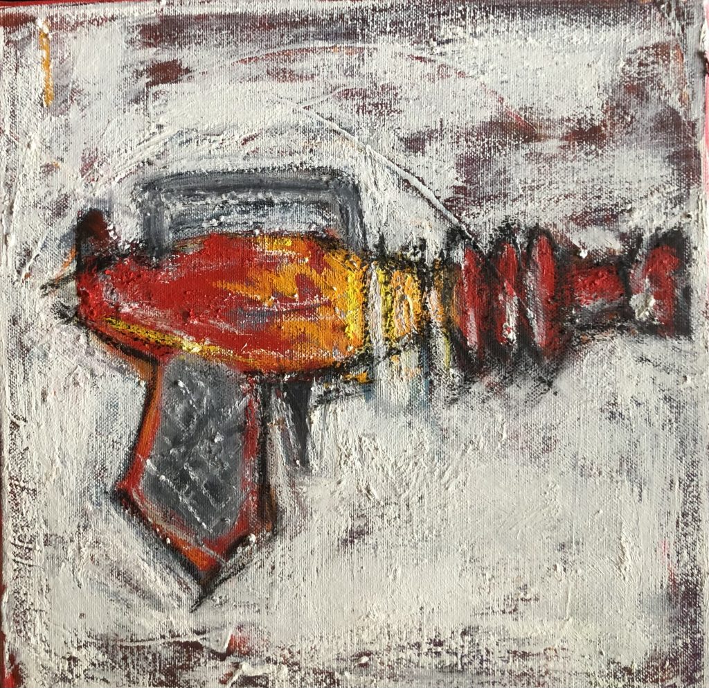 An expressive and crude oil stick painting of a retro sci-fi ray gun