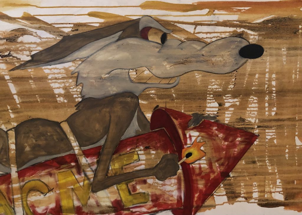 Coyote on an acme rocket, holding a lit match