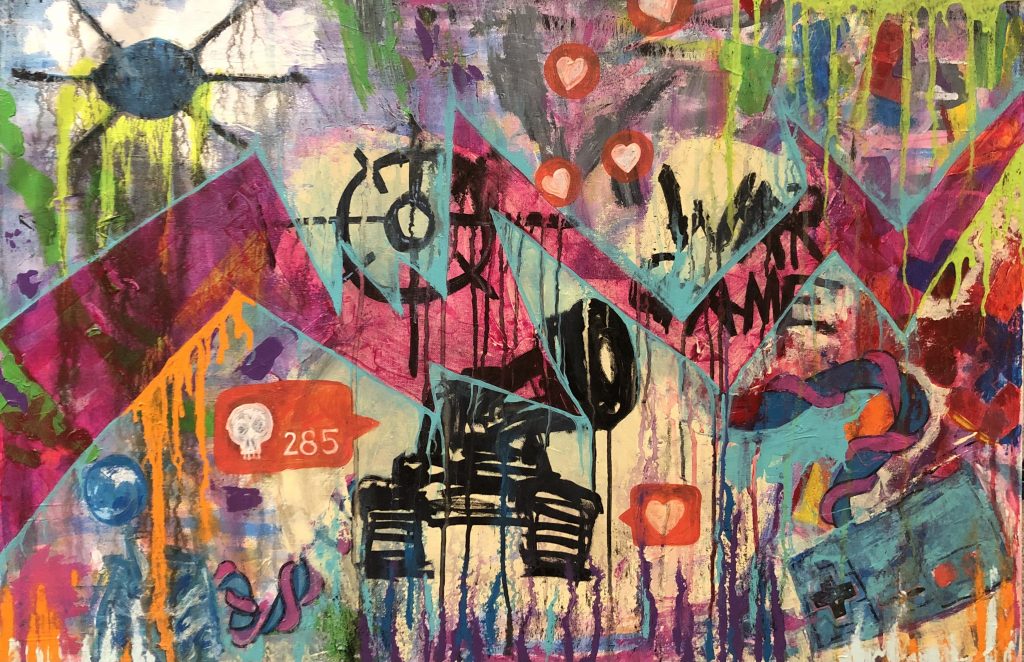 From the War Games series, this painting has a bold pink jagged bar running horizontally. In the chaos sits a tank, a drone, a NES controller, along with social media style icons for "likes" and "kills".