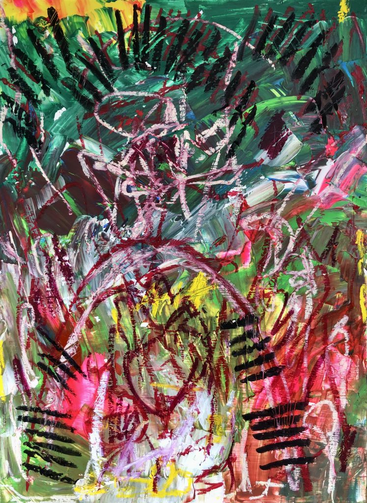 This is a chaos and confusion, executed in acrylic and oil stick. More abstract expressionism than neo expressionist.