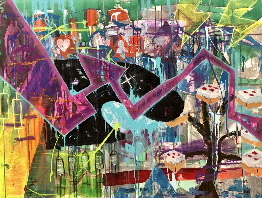 From the War Games series, this painting has a bold pink jagged bar running horizontally. In the chaos sits a Mario bullet, a tree with Minecraft cakes, along with social media style icons and syringes and candlestick chart depictions.