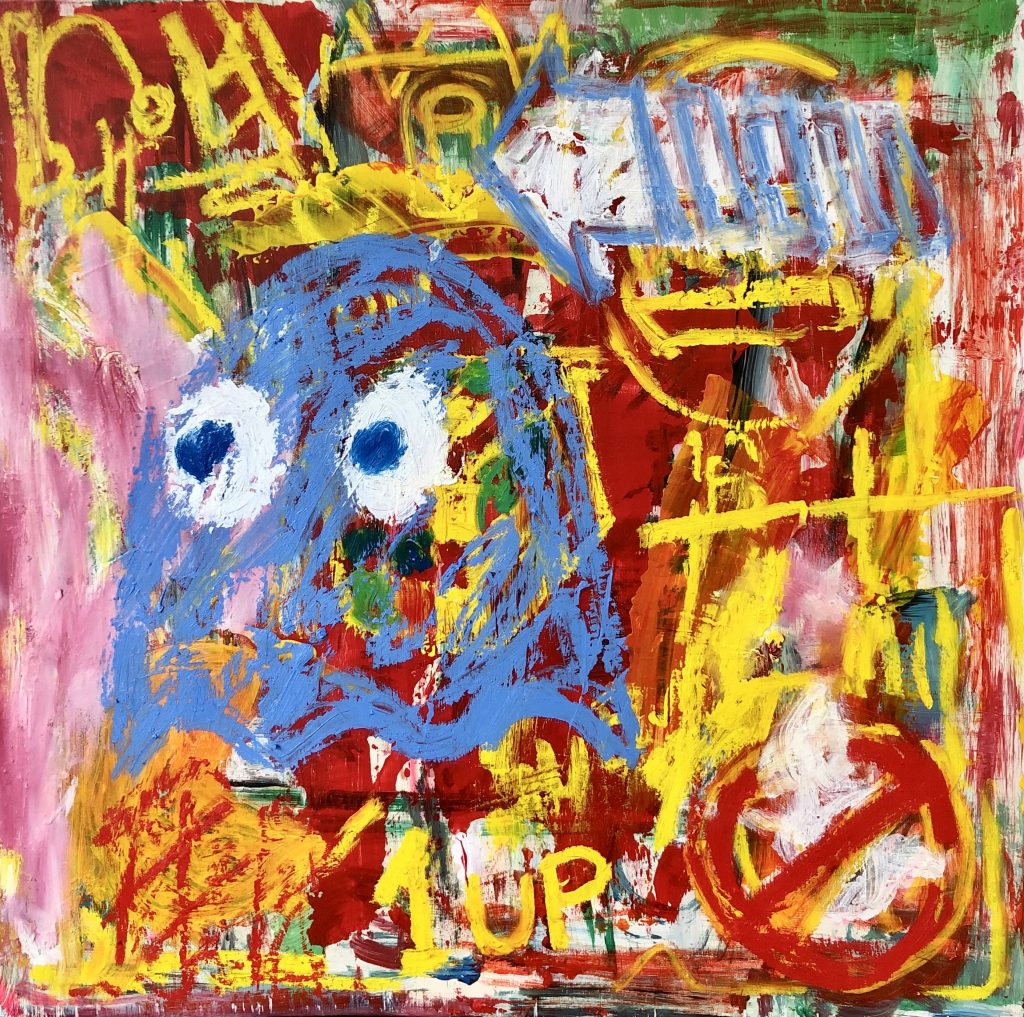 Featuring a pink ghost on a confused background of symbols, and sketchily drawn objects possibly meant to represent or evoke memories of the 1980s.