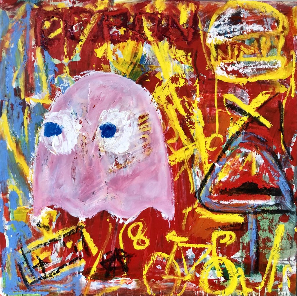 Featuring a pink ghost on a confused background of symbols, and sketchily drawn objects possibly meant to represent the 1980s.