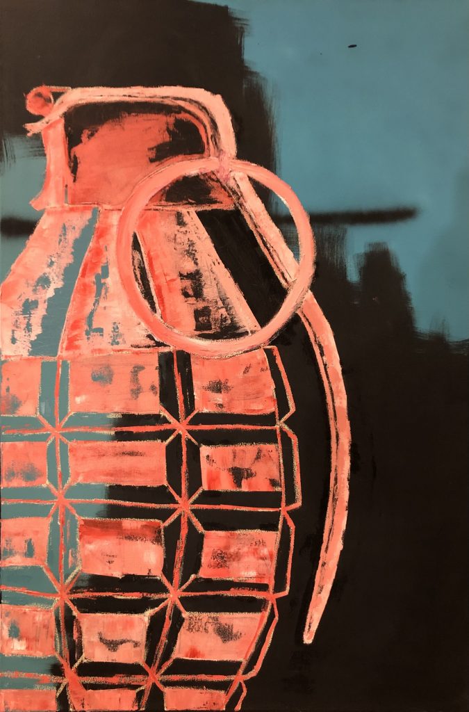 A salmon coloured grenade executed in oil paint on a turquoise and black spray paint background