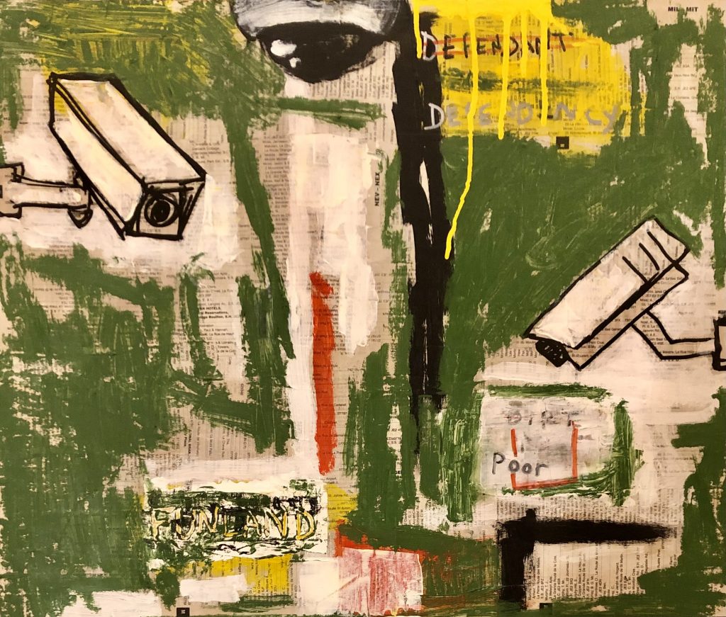 Multiple CCTVs adorn this painting, executed in acrylic, oil and old telephone directories. Neo expressionist in style.