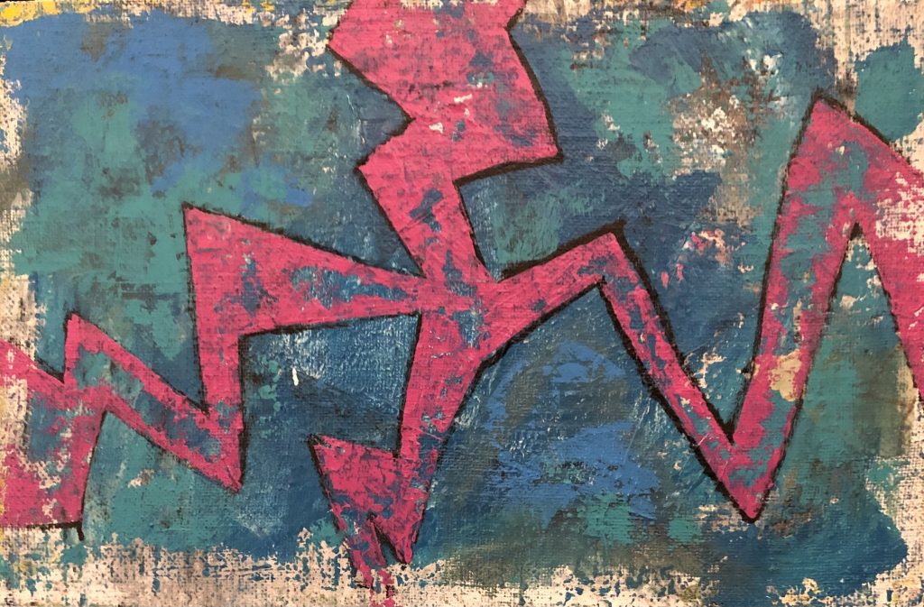 Pink wonky cross on a blue background