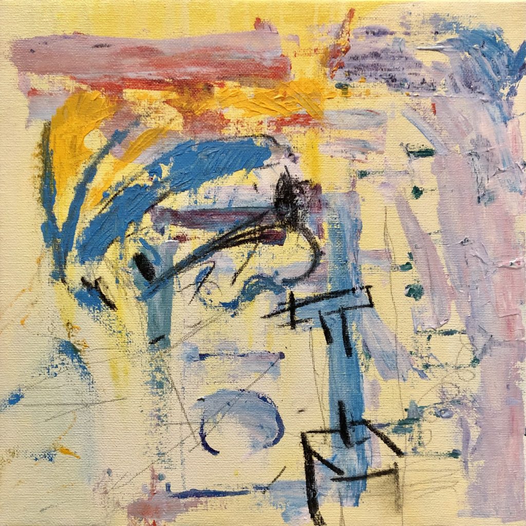 A splutter of acrylic paint and charcoal and graphite, make various marks and suggest confusion in this abstract expressionism artwork