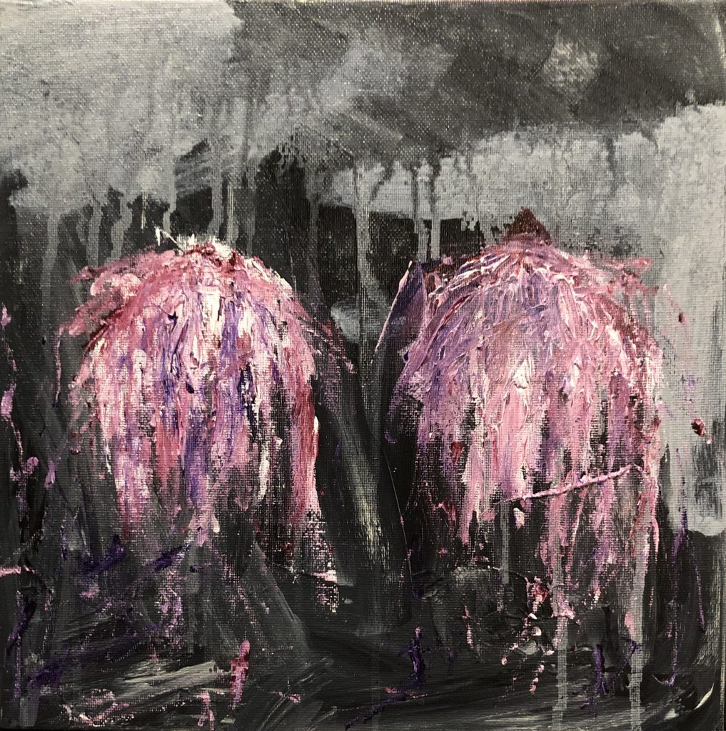 Two masses of pink and purple dominate the foreground, with a dark background