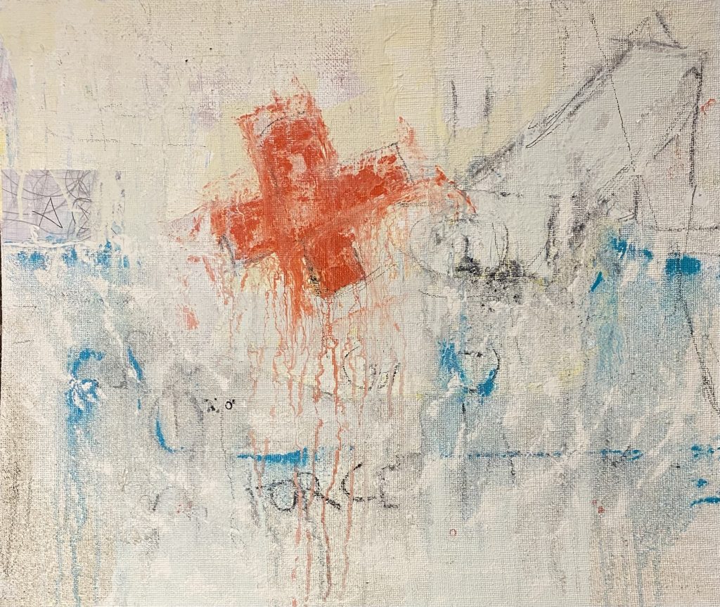 Drips and smudges. This is a muted, pale piece, expressionist in style.