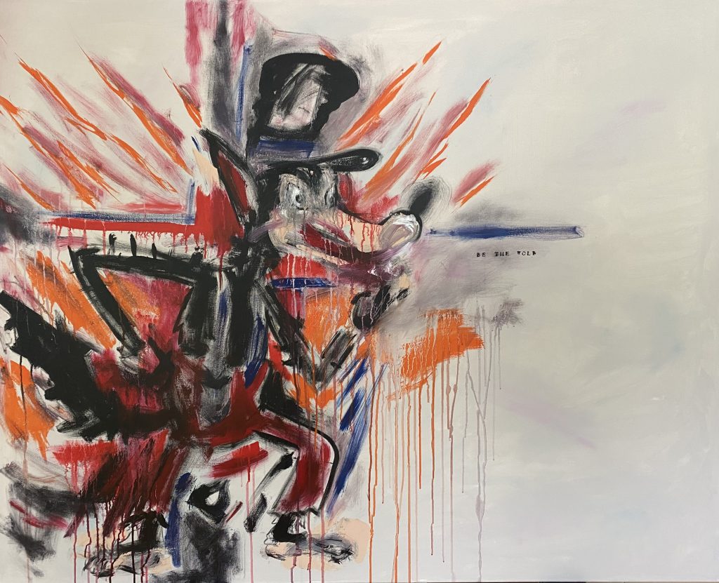 Big bad wolf, executed in acrylic paint and charcoal. Behind him is a 'blast' of colour and paint (possibly representing fire, a crucifix or even the Union Jack).