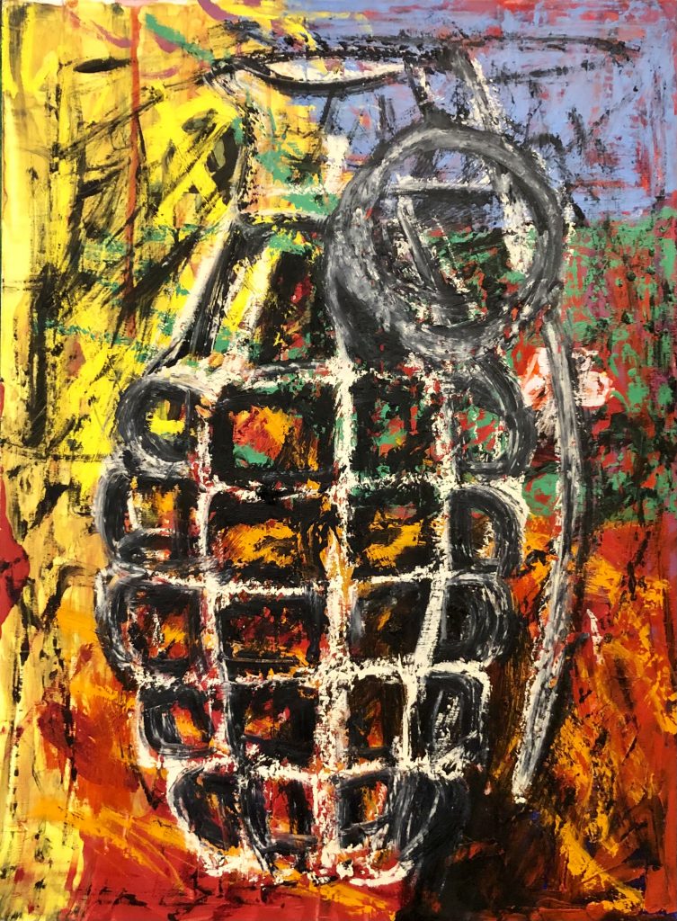 Grenade executed in oil stick in black and white, on a multicoloured background.
