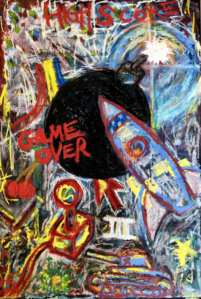 Neo expressionist in style. Chaos and energy, featuring a bomb, a rocket, a tank, and joystick.