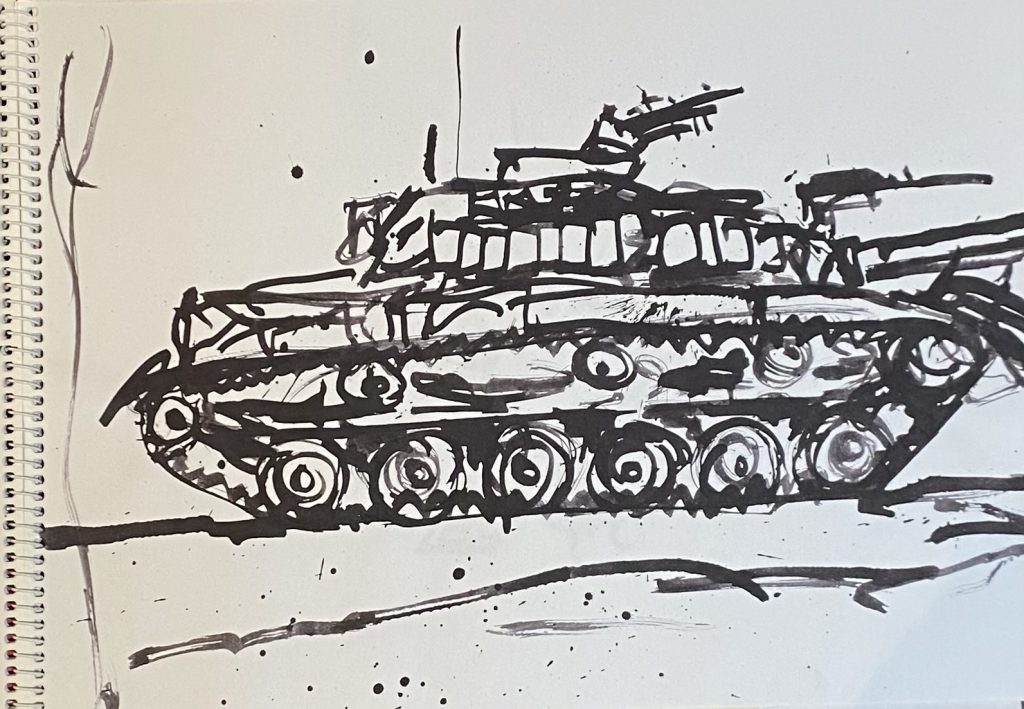 Ink drawing of tank. UK neo-expressionist artist