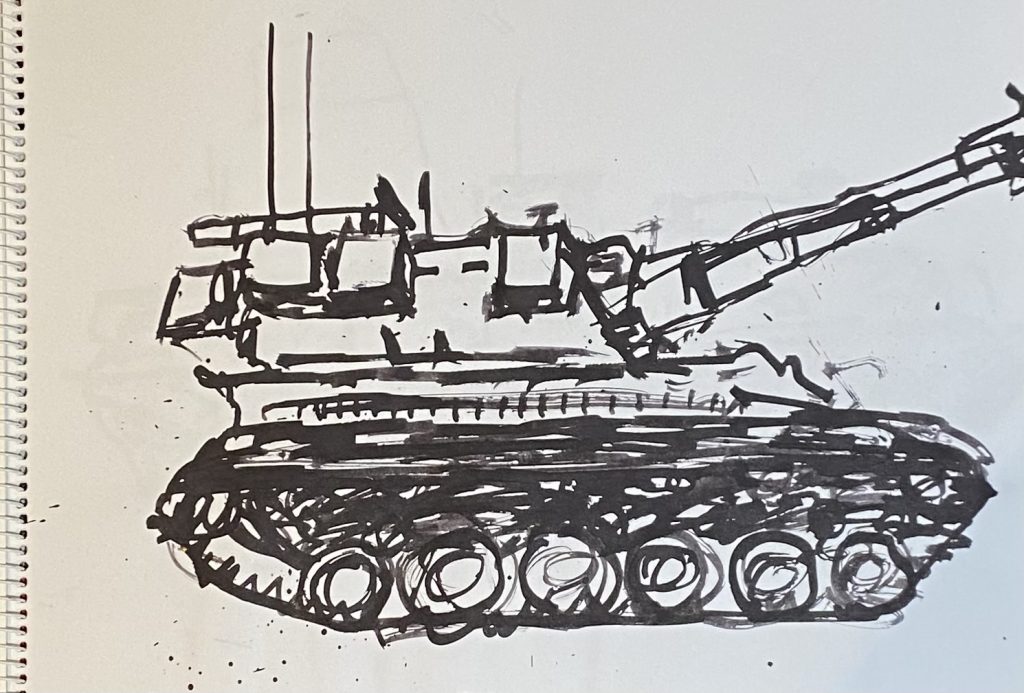 Ink drawing of tank. UK neo-expressionist artist