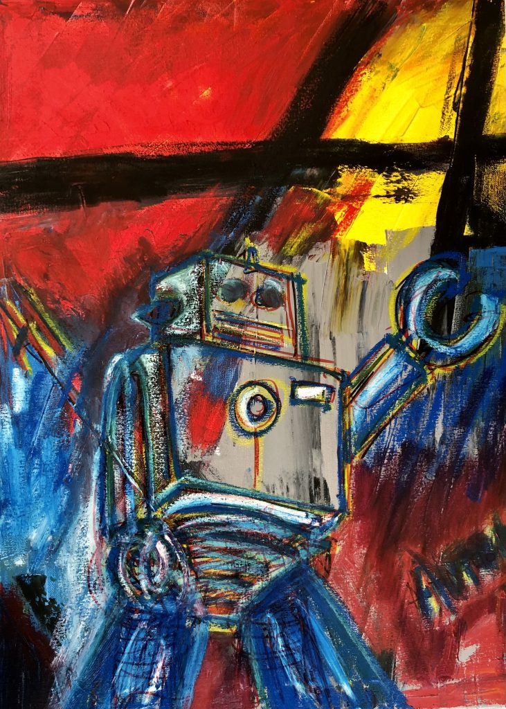 A robot on the multicoloured background. Oil stick and acrylic on canvas. Neo expressionist in style.
