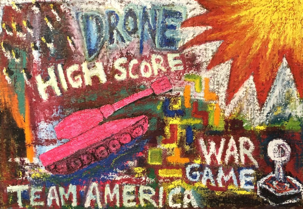 Pink tank with various other words linking 'war game' and 'highscore'. Tetris like background. Executed in oil stick.