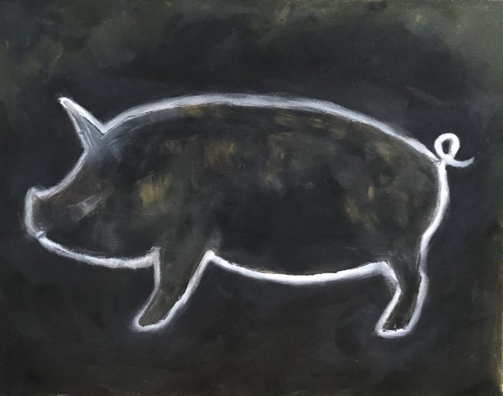 Dark painting with a stylised pig outline in white.