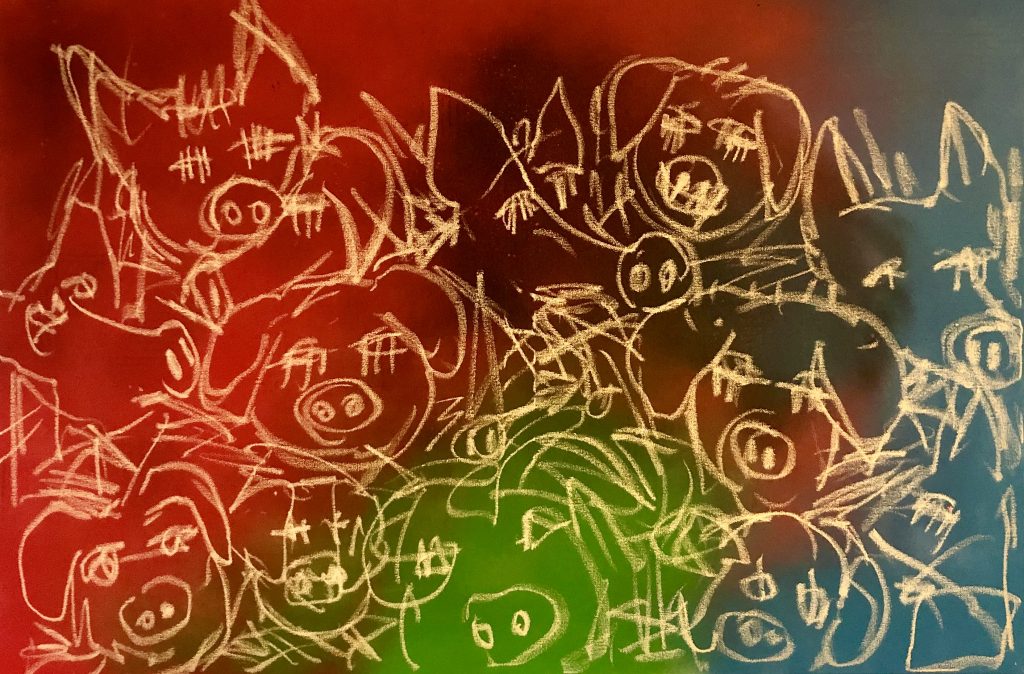 A clutter of pigs sit on his multi coloured background