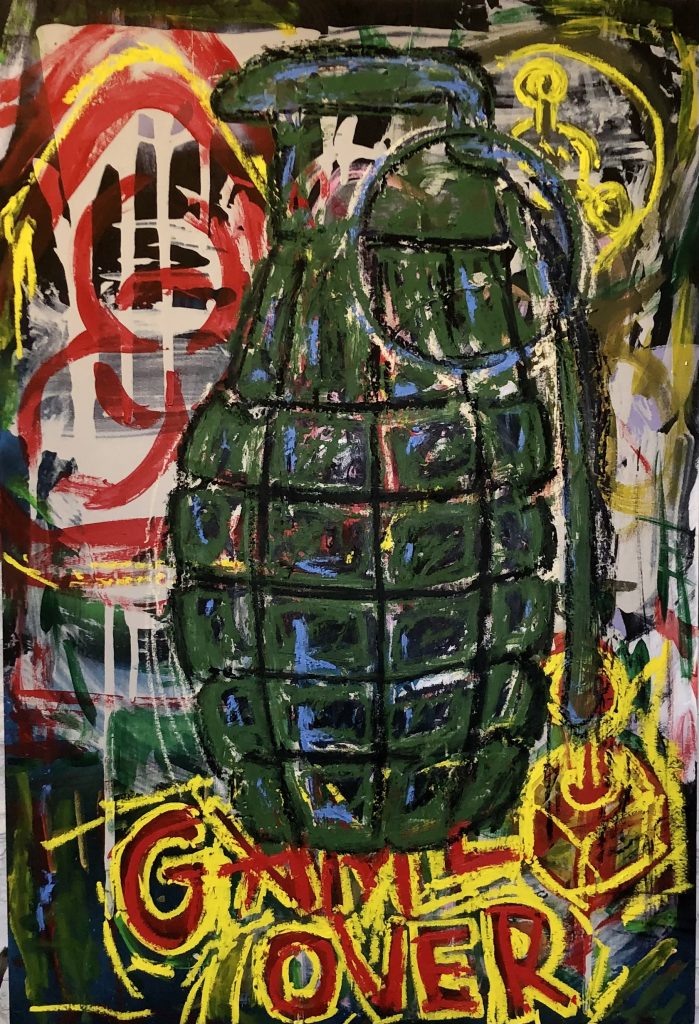 Here a grenade takes the foreground, in this chaotic assembly, consisting of video game joysticks, a bio-hazard symbol and the words "game over". Executed in acrylic and oil stick in a neo expressionist style.