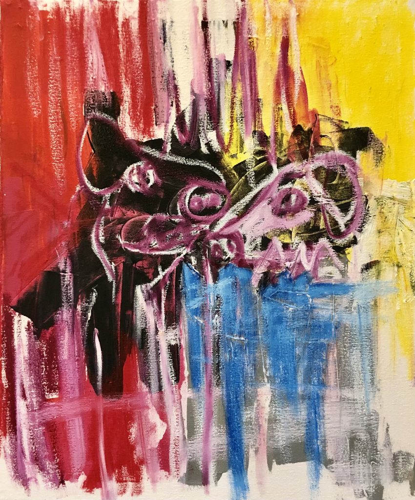 Bright red, yellow and blue jostle for background dominance. While 2 pigs confront you in the foreground. Expressive, messy and furious.