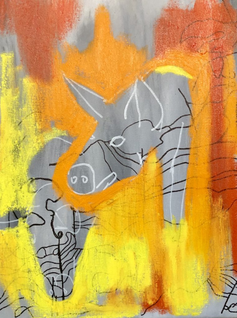 2 pigs with bright yellow, orange and red.
