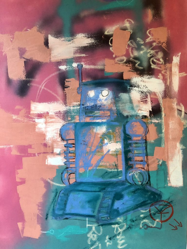 Blue robot sits on a pink and turquoise background.