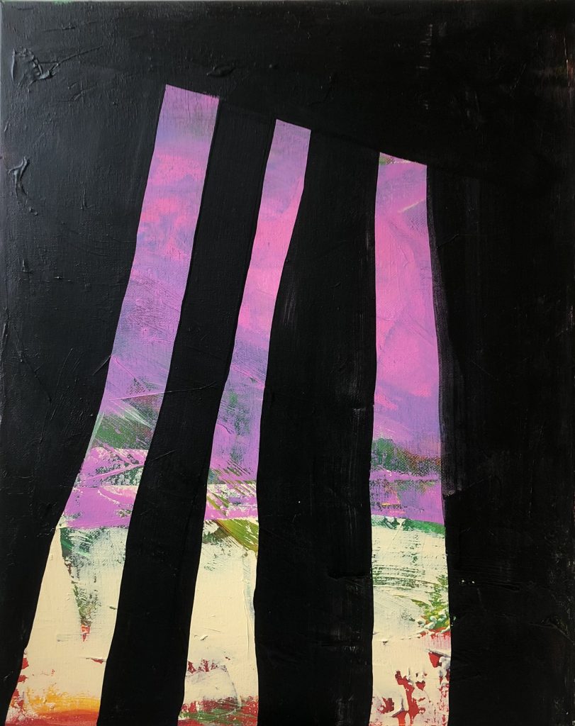 Three uneven columns rise up, mostly pink in colour. With a stark black background.