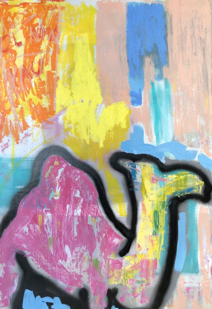 Crude outline of a camel in black spray paint, sits with a background of pink, blue, yellow in orange. Using both acrylic and oil stick.
