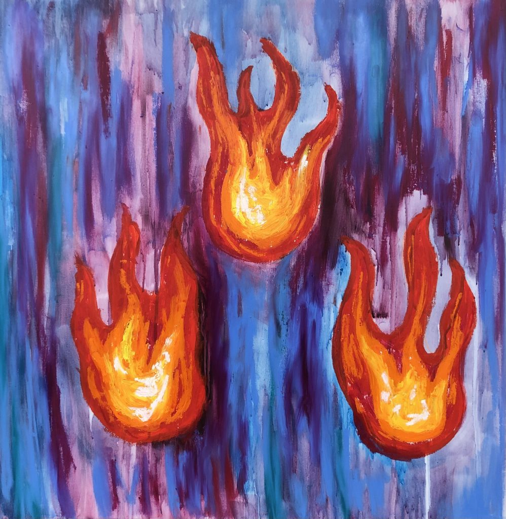 Three fires painted on a blue/purple background